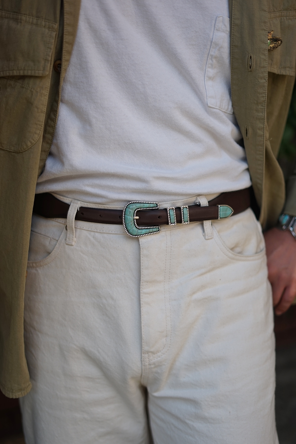 CRAZY COLOR SOFT TURQUOISE BELT Brown vintageSilver Ostrich(실버 오스트리치)